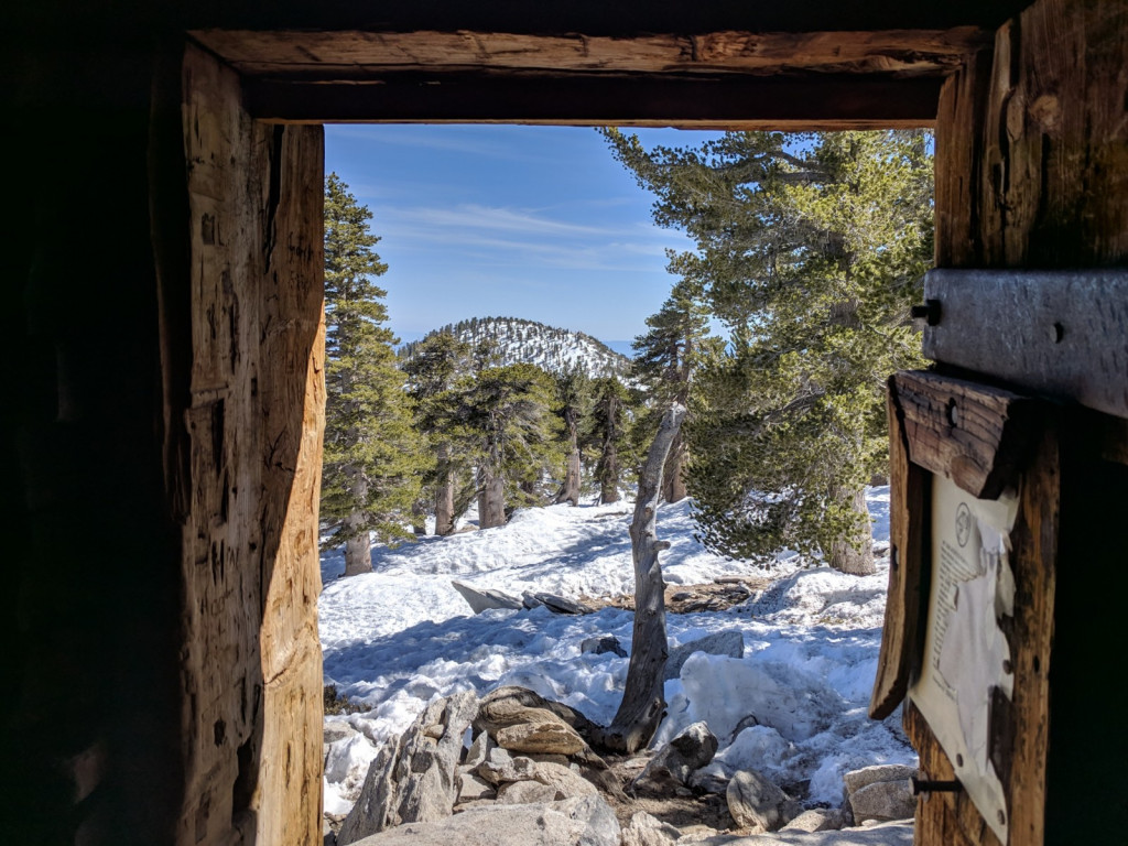 Looking out from the emergency hiker hut near the summit.